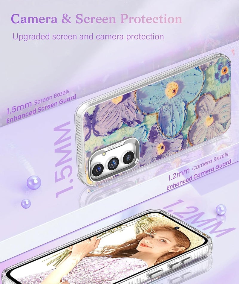 Elzzi Compatible with Samsung A56 5g Case Laser Flower Oil Painting Cute Colourful Blue Ray Bumper with Full Camera Protection Shockproof PC+TPU Glossy Shiny Cover for Girls Women, Green - Image 3