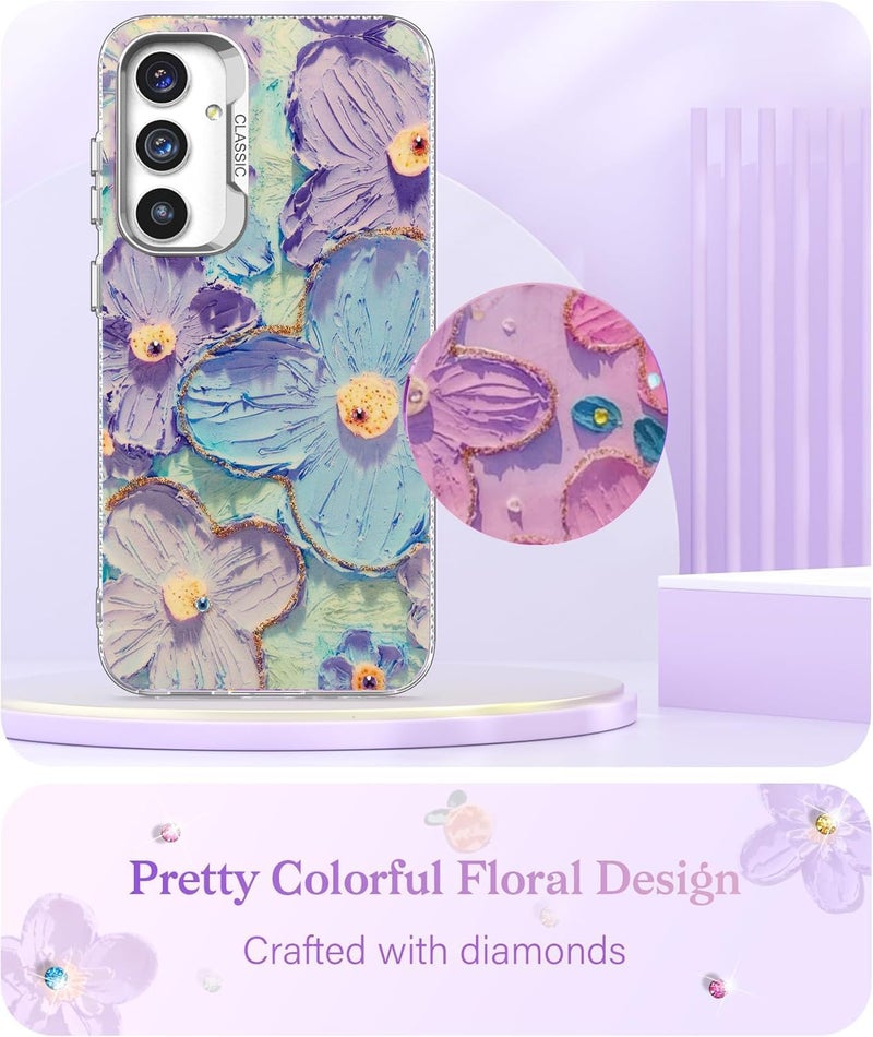 Elzzi Compatible with Samsung A56 5g Case Laser Flower Oil Painting Cute Colourful Blue Ray Bumper with Full Camera Protection Shockproof PC+TPU Glossy Shiny Cover for Girls Women, Green - Image 2