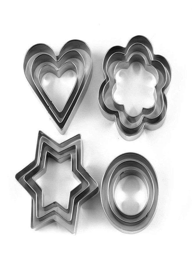 Bitrexup 12 Piece Stainless Steel Cookie Cutter, Metal Cake Vegetable Fruit Biscuit Cutters Molds Set, Hearts Flowers Stars Round Shape, Silver - Image 1