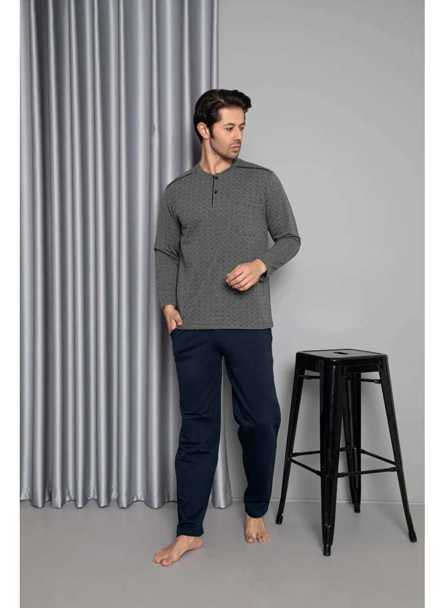 Bie'S Men's 3 Button Chest Pocket Cotton 2 Yarn Winter Pocket Long Sleeve Pajama Set