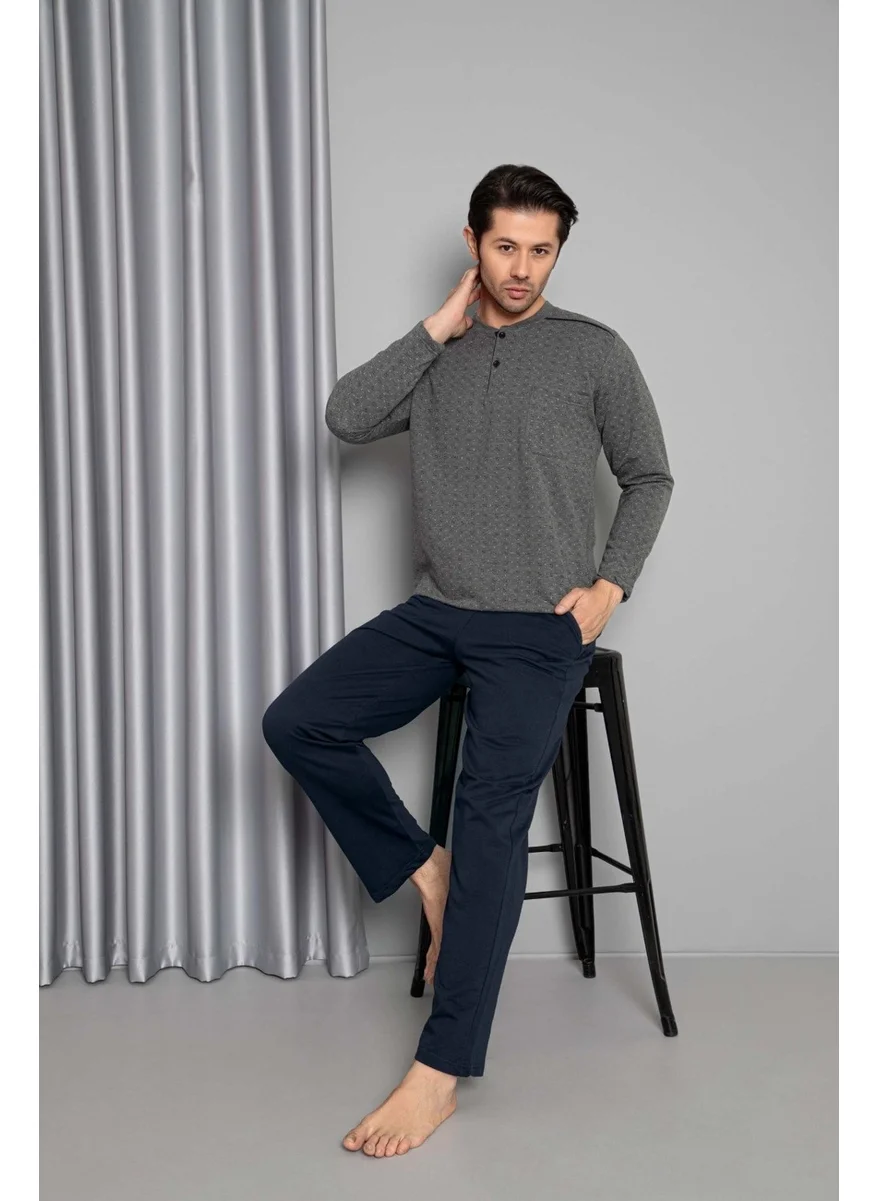 Bie'S Men's 3 Button Chest Pocket Cotton 2 Yarn Winter Pocket Long Sleeve Pajama Set