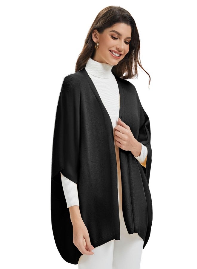 بولي شال نسائي مفتوح من الأمام بأكمام من PULI، شال بونشو محبوك كاجوال مناسب لفصلي الربيع والخريف، أسود اللون - Image 5