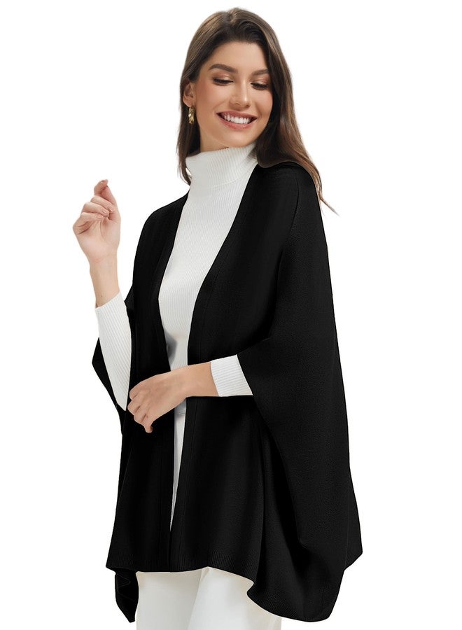 بولي شال نسائي مفتوح من الأمام بأكمام من PULI، شال بونشو محبوك كاجوال مناسب لفصلي الربيع والخريف، أسود اللون - Image 1