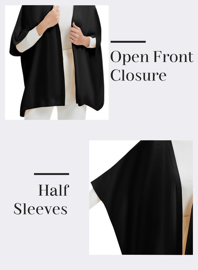 بولي شال نسائي مفتوح من الأمام بأكمام من PULI، شال بونشو محبوك كاجوال مناسب لفصلي الربيع والخريف، أسود اللون - Image 4