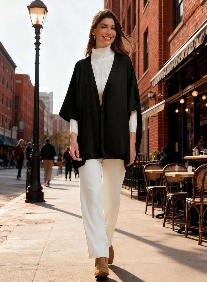 بولي شال نسائي مفتوح من الأمام بأكمام من PULI، شال بونشو محبوك كاجوال مناسب لفصلي الربيع والخريف، أسود اللون - Image 2