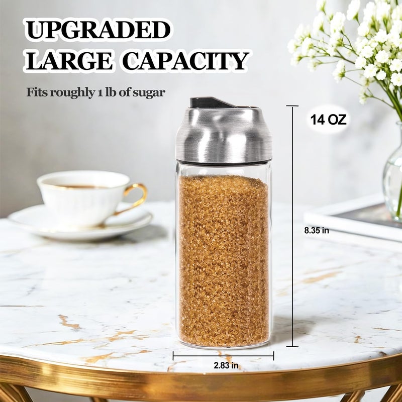 Neodaco Large Sugar Dispenser Shaker Sets, 14 OZ Glass Sugar Container with Pour Spout for Coffee, Tea, Milk, 2 Pack - Image 2