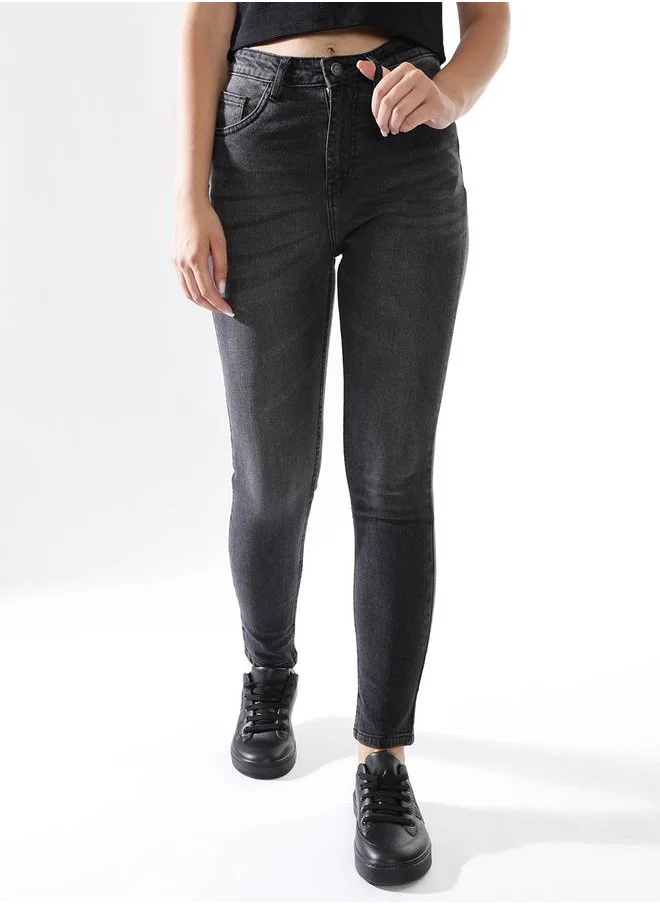 هاي ستار Women Jeans in Black featuring Skinny fit fit with a washed pattern, regular length, secured with button closure, crafted from 70% cotton+28% polyester+2% spandex – crafted for those who appreciate style and comfort.