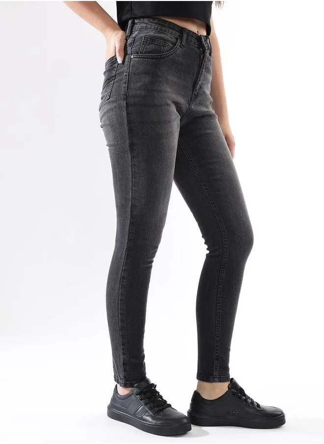 هاي ستار Women Jeans in Black featuring Skinny fit fit with a washed pattern, regular length, secured with button closure, crafted from 70% cotton+28% polyester+2% spandex – crafted for those who appreciate style and comfort.