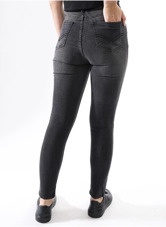 هاي ستار Women Jeans in Black featuring Skinny fit fit with a washed pattern, regular length, secured with button closure, crafted from 70% cotton+28% polyester+2% spandex – crafted for those who appreciate style and comfort.