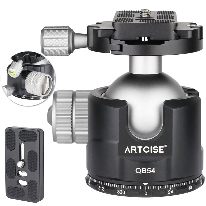 Low Profile Ball Head Unique 54mm Ball 360 Panoramic Tripod head CNC Aluminium Alloy Metal Ballhead Arca Swiss Quick Release Plate Max Loading 77lbs35kg