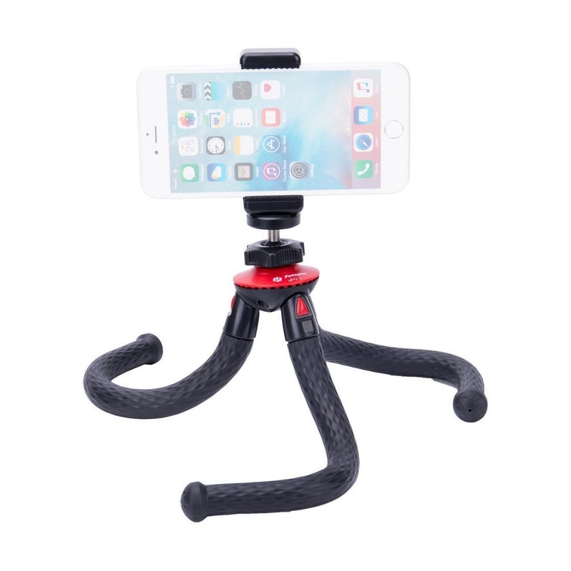 Fotopro Flexible Lightweight Mini Tripod Stand Foldable with Phone Tripod Mount, Mobile Holder, Bluetooth Remote for Mobile Action Camera, Mirrorless Cameras,DSLR (Black + Red) - Image 1