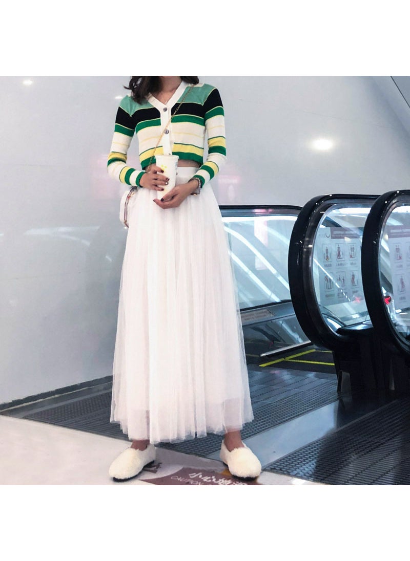 Generic - Three-Layer Tulle Skirt Princess Style Long Midi Skirt Fresh And Sweet Style Comfortable Casual Trend Hollow out Design Apricot - Image 1