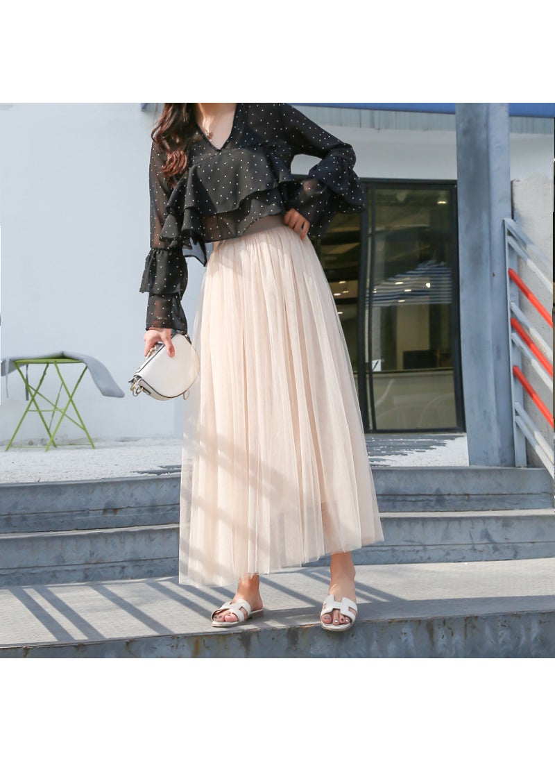 Generic - Three-Layer Tulle Skirt Princess Style Long Midi Skirt Fresh And Sweet Style Comfortable Casual Trend Hollow out Design Apricot - Image 1