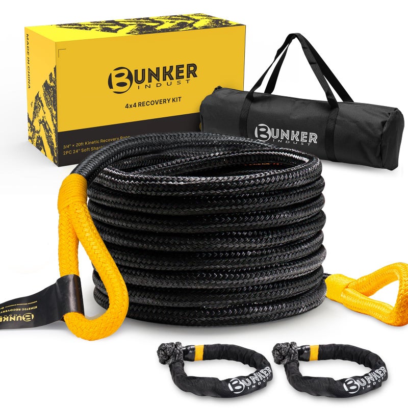 BUNKER INDUST 34in20ft Kinetic Recovery Rope with 2 Soft Shackles Kit Kinetic Recovery Tow Rope Snatch Strap Off Road Recovery Kit for UTV ATV Truck Car Jeep Tractor