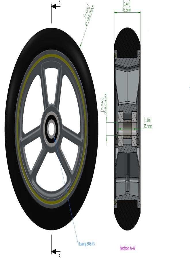 RIANT WHEEL, W534, 5 X 1.4 inch, Solid, PU Wheels, Wheelchair Casters, Nylon Rim, one Pair (Black) - Image 3