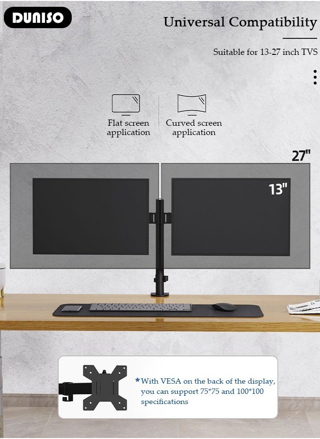 DUNISO Dual Monitor Desk Mount, Heavy Duty Fully Adjustable Steel Stand, Dual Monitor Arm for Desk, Fits Two Screens up to 13-27 inch, Computer Monitor Stand with VESA Mount, Holds up to 8KG Arm  - Image 3