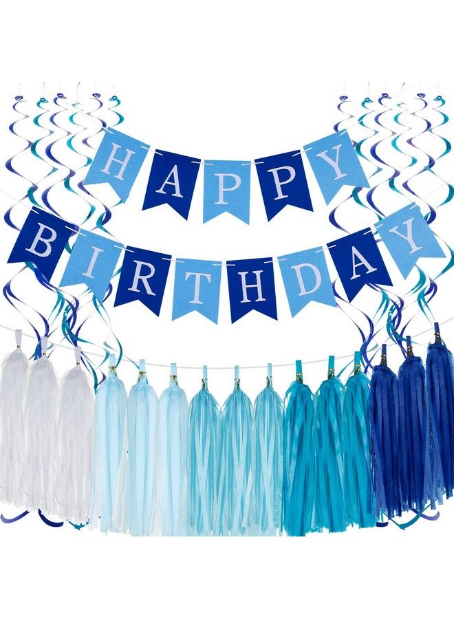 LeeSky Blue Happy Birthday Decorations With Happy Birthday Blue Felt Bannertissue Paper Tassels Garland And Hanging Swirl Decorations For Adults Blue Birthday Party Decorations - Image 1