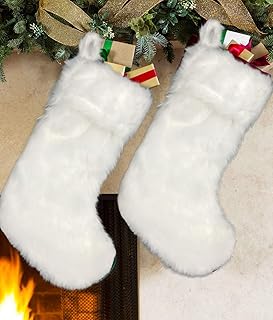 AISENO AISENO 2 Pack 18 Inch Snowy White Christmas Stockings Faux Fur Christmas Stockings Hanging Ornaments Candy Gift Bags  - Image 1