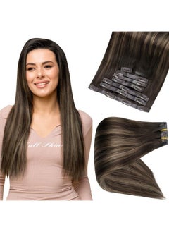 Full Shine Hair Extensions Clip In Human Hair Balayage Clip In Hair Extensions 12Inch Dark Brown Fading To Ash Brown Highlight Dark Brown Clip In Extensions 8 Pieces 80 Gram Hair Extensions Clip In  - Image 1