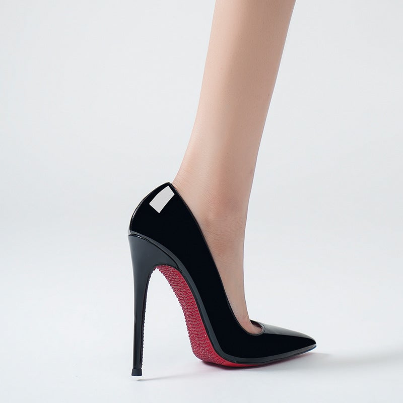 12Cm Rhinestone Red Bottom High Heels Women'S Stiletto 2025 Black Patent Leather Soft Bottom Pointed Single-Layer Shoes - Image 4