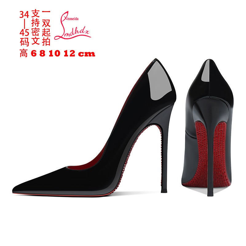 12Cm Rhinestone Red Bottom High Heels Women'S Stiletto 2025 Black Patent Leather Soft Bottom Pointed Single-Layer Shoes - Image 2