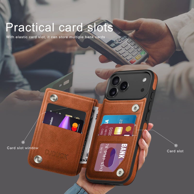 DJDUCK Designed for iPhone 17 Pro Max Case Wallet with Card Holder, [Magnetic Clasp Cover] [RFID Blocking Leather Protection] Shockproof Women Men Cases 6.9 Inch for Apple 17 ProMax Light Brown - Image 3