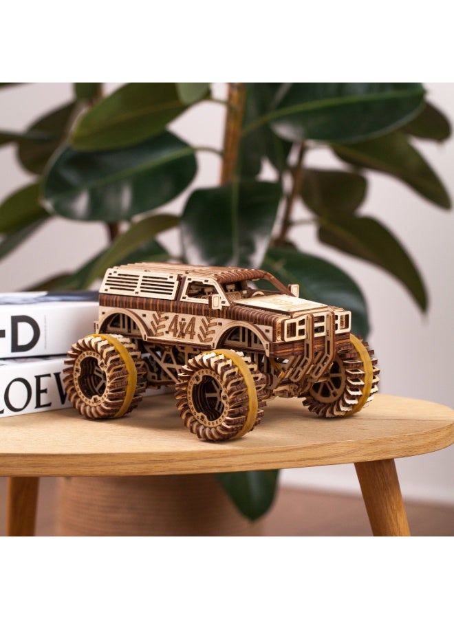 DROVO Wooden 3D Puzzle BigFoot with Spring Motor – Mechanical Off-Road Jeep Model Kit, Collectible DIY Toy with Suspension, Eco-Friendly Birch Plywood - Image 4