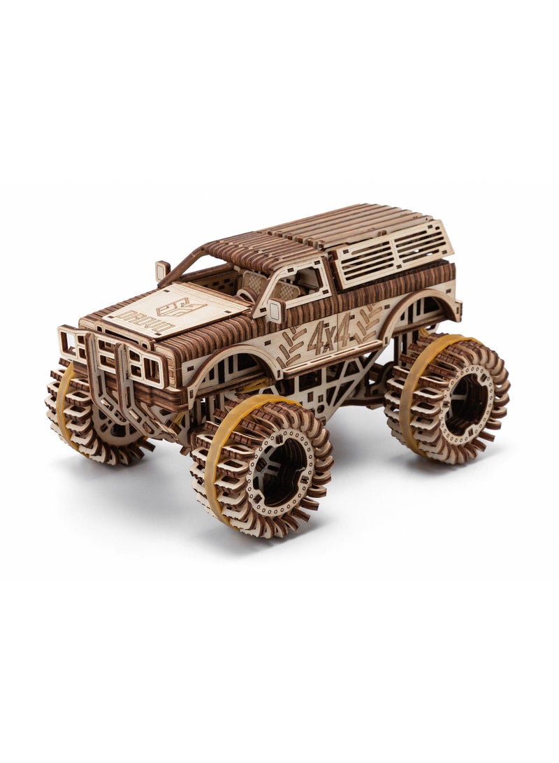 DROVO Wooden 3D Puzzle BigFoot with Spring Motor – Mechanical Off-Road Jeep Model Kit, Collectible DIY Toy with Suspension, Eco-Friendly Birch Plywood - Image 1