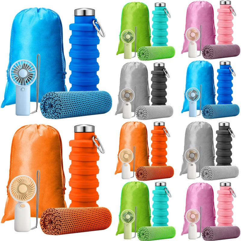 Wovnet 10 Set Theme Park Necessities Cruise Ship Accessory Kit Collapsible Water Bottle Cooling Towel Fan Drawstring Bag for Summer Amusement Park Outdoor Team Travel Cruise Gifts Fitness Sport Favor - Image 1