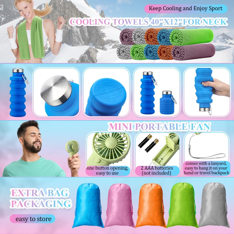 Wovnet 10 Set Theme Park Necessities Cruise Ship Accessory Kit Collapsible Water Bottle Cooling Towel Fan Drawstring Bag for Summer Amusement Park Outdoor Team Travel Cruise Gifts Fitness Sport Favor - Image 4