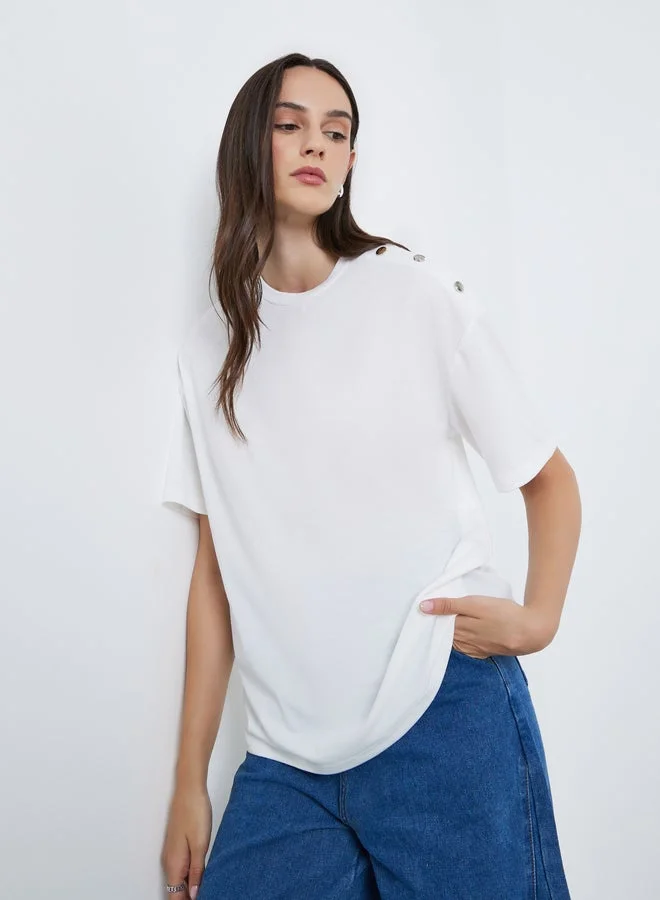 Styli White Oversized T-Shirt with Button Detail