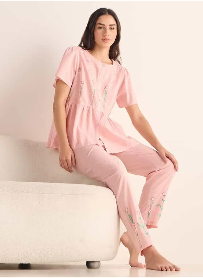 فاف Embroidered Shirt and Pyjama Set