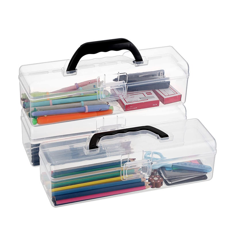 Btsky 3 Pack Long Plastic Pencil Box Portable Clear Home Utility Boxes With Black Handle Stationery Storage Organizer Painting Tool Storage Container For Pencils Markers Sticky-Notes Craft Supplies - Image 1