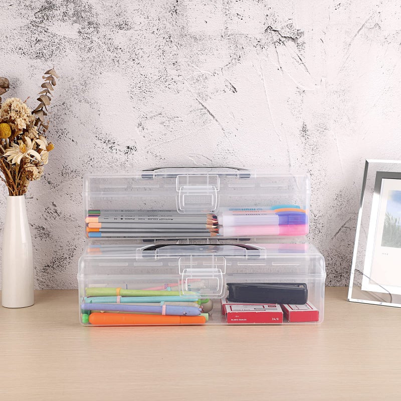 Btsky 3 Pack Long Plastic Pencil Box Portable Clear Home Utility Boxes With Black Handle Stationery Storage Organizer Painting Tool Storage Container For Pencils Markers Sticky-Notes Craft Supplies - Image 4