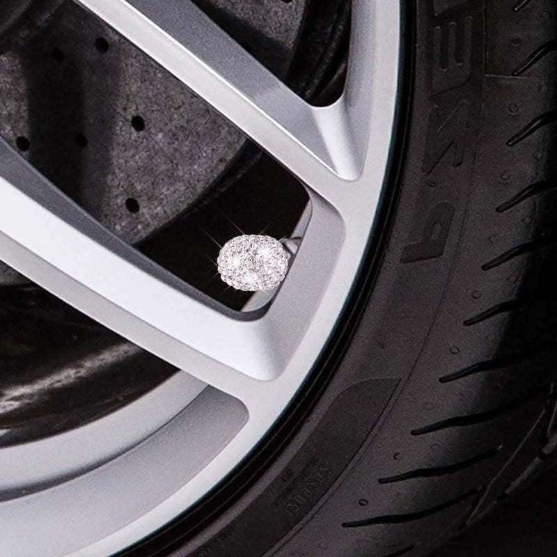 DBlosp Valve Stem Caps, 4 Pack Handmade Crystal Rhinestone Universal Car Tire Valve Caps Chrome,Attractive Dustproof Bling Car Accessories - White - Image 2