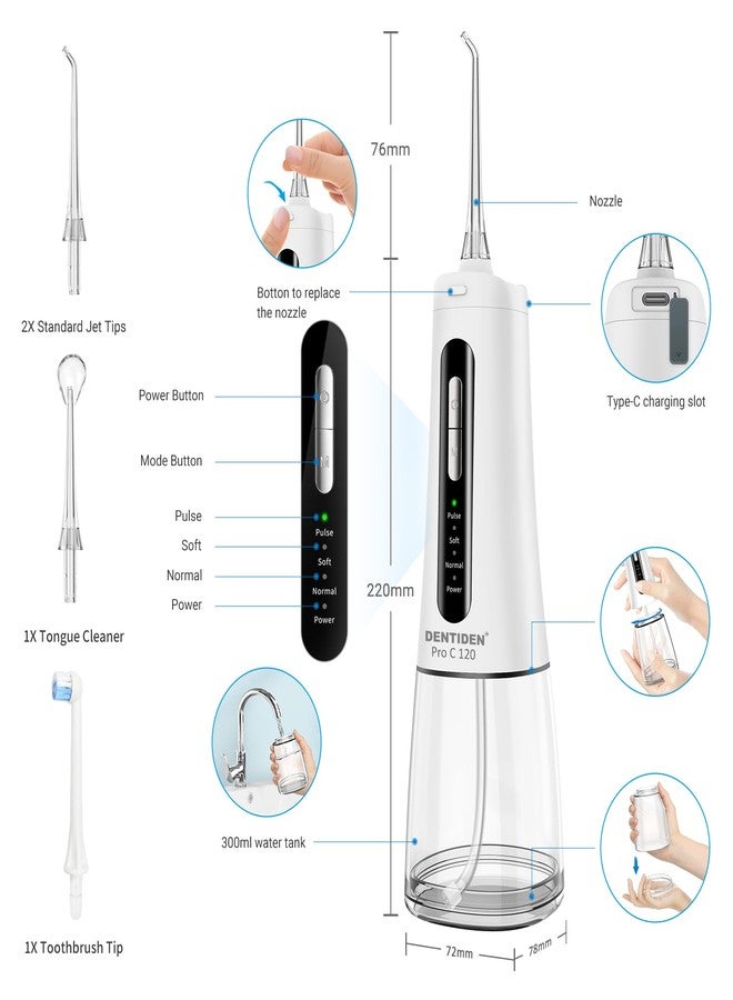Dentiden Pro C 120 | Portable Dental Flosser with 4 Nozzles, IPX7 Waterproof | Cordless, Rechargeable, 300ml Tank, 4 Cleaning Modes, 120 PSI Pressure, 45 Days Usage | 4 Operating Modes | Oral Irrigator - Image 3