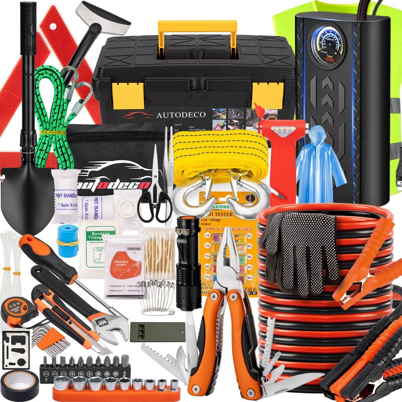 طقم أدوات الطوارئ للسيارة AUTODECO 98 قطعة مع ضاغط هواء محمول وكابلات قفز ومطرقة أمان ومجموعة أدوات كماشة برتقالية