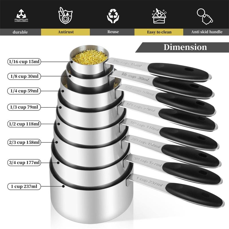 KELOFKO 16 Pieces Measuring Cups and Magnetic Measuring Spoons Set Stainless Steel,8 Measure Cups with Silicone Handle and 7 Double Sided Magnetic Measure Spoons & 1 Leveler - Image 2