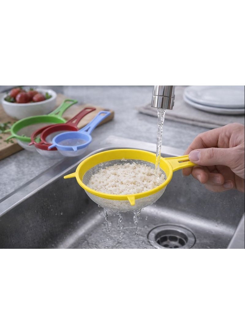 4-Piece Fine Mesh Kitchen Strainer & Sieve Set - Colorful Plastic Frame - Graduated Sizes for Tea, Rice & Baking. - Image 4