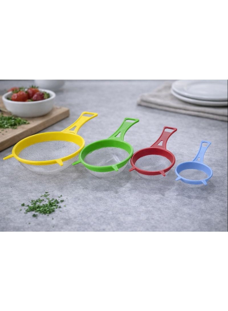 4-Piece Fine Mesh Kitchen Strainer & Sieve Set - Colorful Plastic Frame - Graduated Sizes for Tea, Rice & Baking. - Image 2