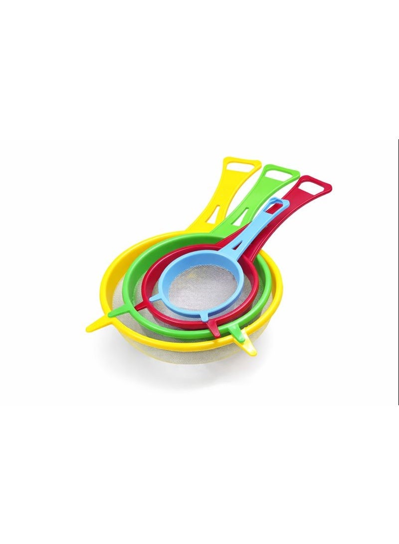 4-Piece Fine Mesh Kitchen Strainer & Sieve Set - Colorful Plastic Frame - Graduated Sizes for Tea, Rice & Baking. - Image 3