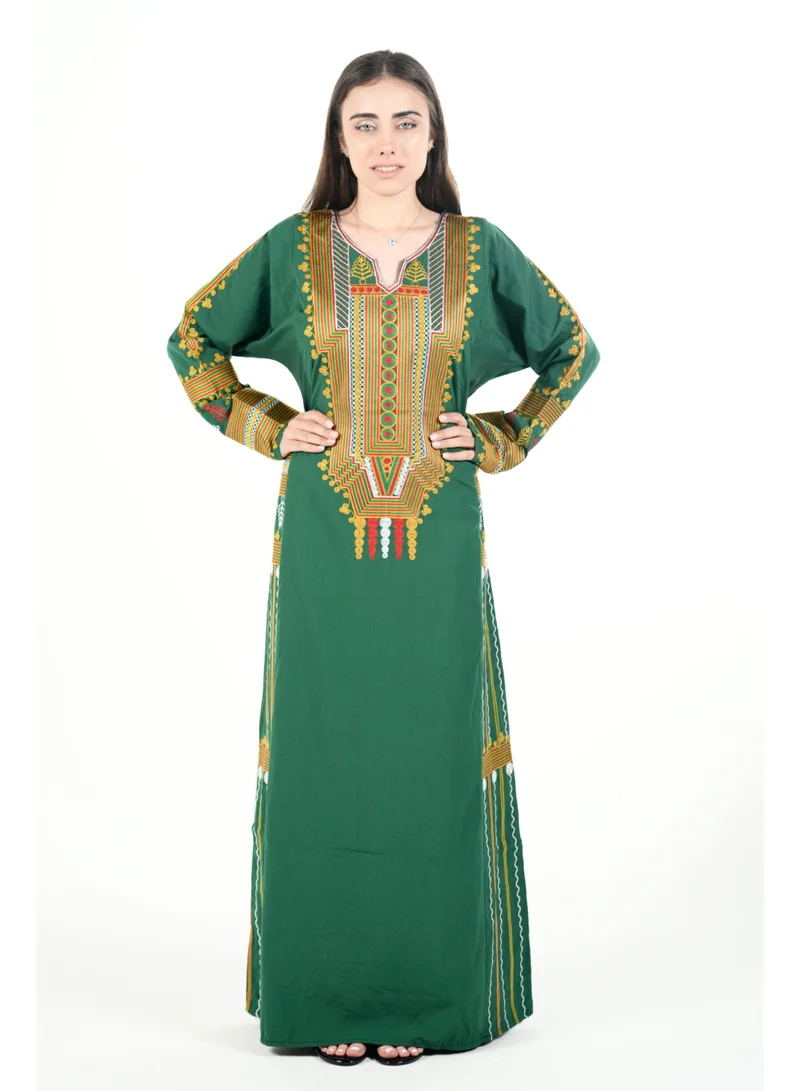 AL BENT AL SHARQIEH Dark Green printed round neck jalabiya dress for Women | Best Price UAE