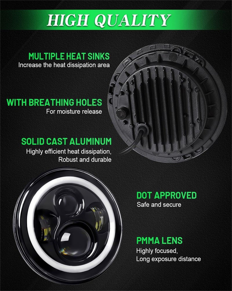 ZIMABLUE 7 inch Led Headlights Green Halo led H6024 Headlight With Hi/Lo Beam DRL Amber Turn Signal Compatible With Jeep Wrangler JK TJ CJ LJ Compatible With Chevy Ford GMC Dodge&Mazda ect - Image 4