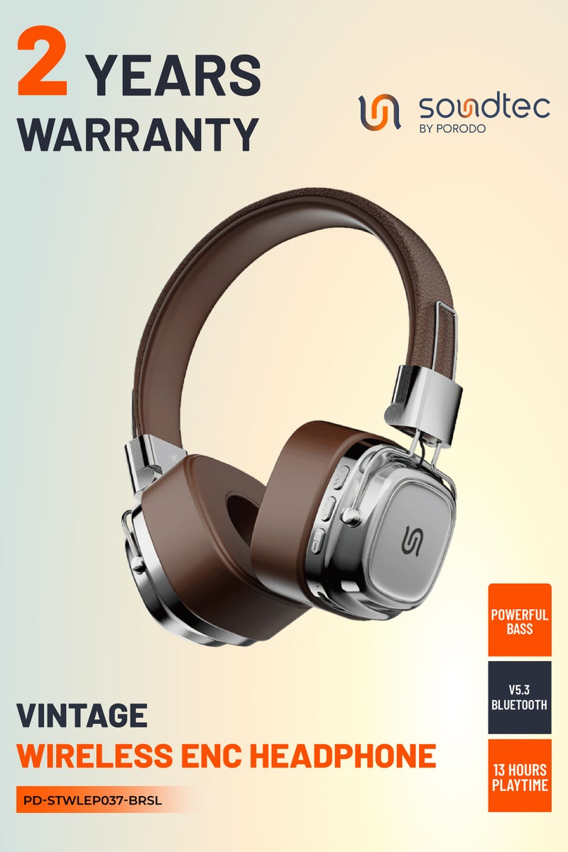 porodo Vintage Wireless ENC Headphone with 13H Talk Time / Micro SD Slot / 3.5mm Audio Jack/ Skin-Friendly Materials / Movies / Music / Skin-Friendly Materials - Brown/Silver  - Image 1