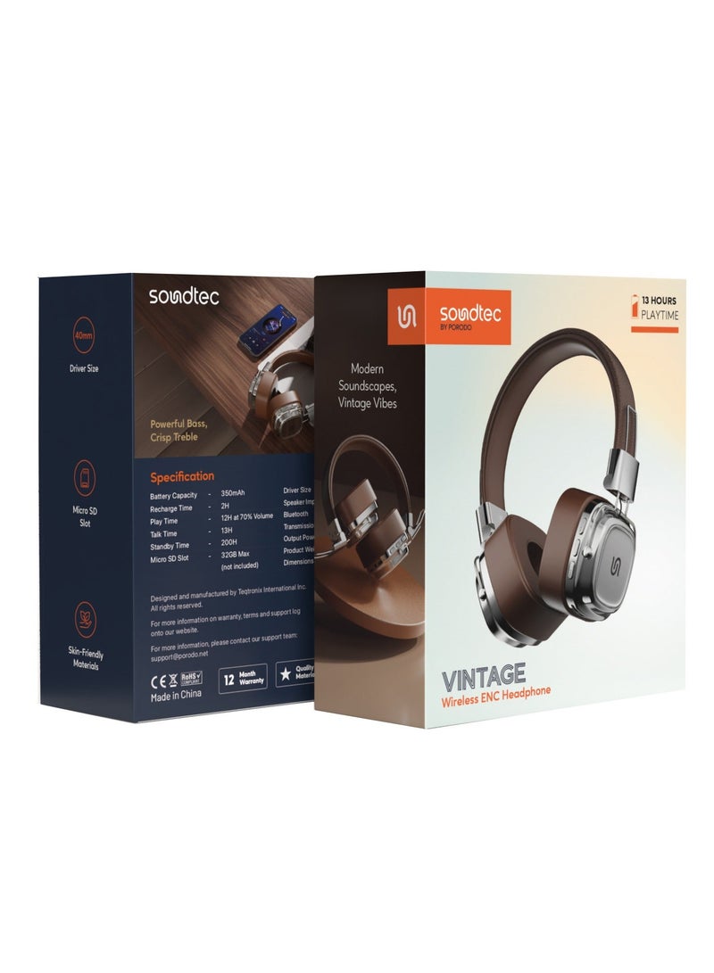 porodo Vintage Wireless ENC Headphone with 13H Talk Time / Micro SD Slot / 3.5mm Audio Jack/ Skin-Friendly Materials / Movies / Music / Skin-Friendly Materials - Brown/Silver - Image 4