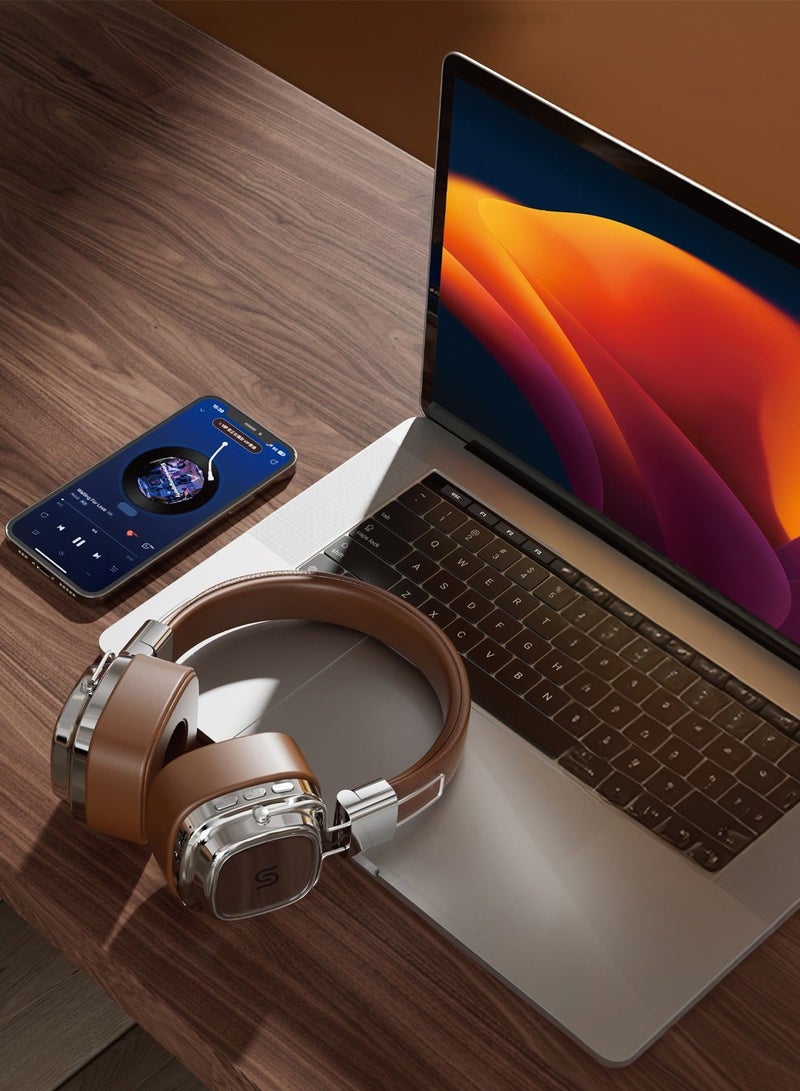 porodo Vintage Wireless ENC Headphone with 13H Talk Time / Micro SD Slot / 3.5mm Audio Jack/ Skin-Friendly Materials / Movies / Music / Skin-Friendly Materials - Brown/Silver - Image 3