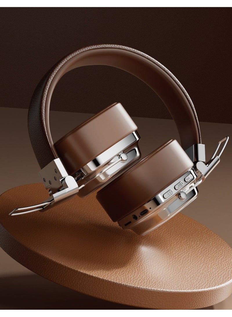 porodo Vintage Wireless ENC Headphone with 13H Talk Time / Micro SD Slot / 3.5mm Audio Jack/ Skin-Friendly Materials / Movies / Music / Skin-Friendly Materials - Brown/Silver - Image 2