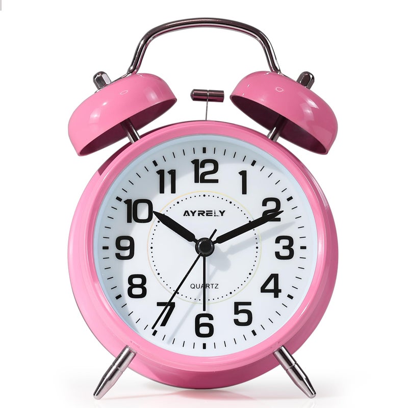 AYRELYÂ® Super Loud Twin Bell Alarm Clock for Heavy Sleepers, 4-Inch Silent Non-Ticking Quartz with Backlight, Metal Cute Clock for Kids' Rooms (Pink) - Image 1
