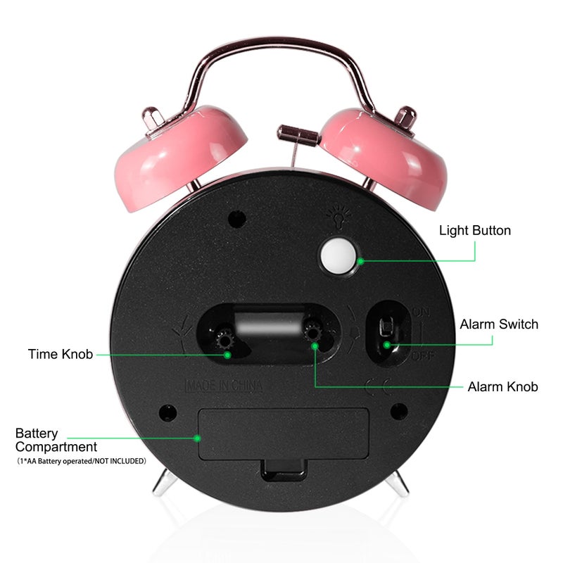 AYRELYÂ® Super Loud Twin Bell Alarm Clock for Heavy Sleepers, 4-Inch Silent Non-Ticking Quartz with Backlight, Metal Cute Clock for Kids' Rooms (Pink) - Image 5