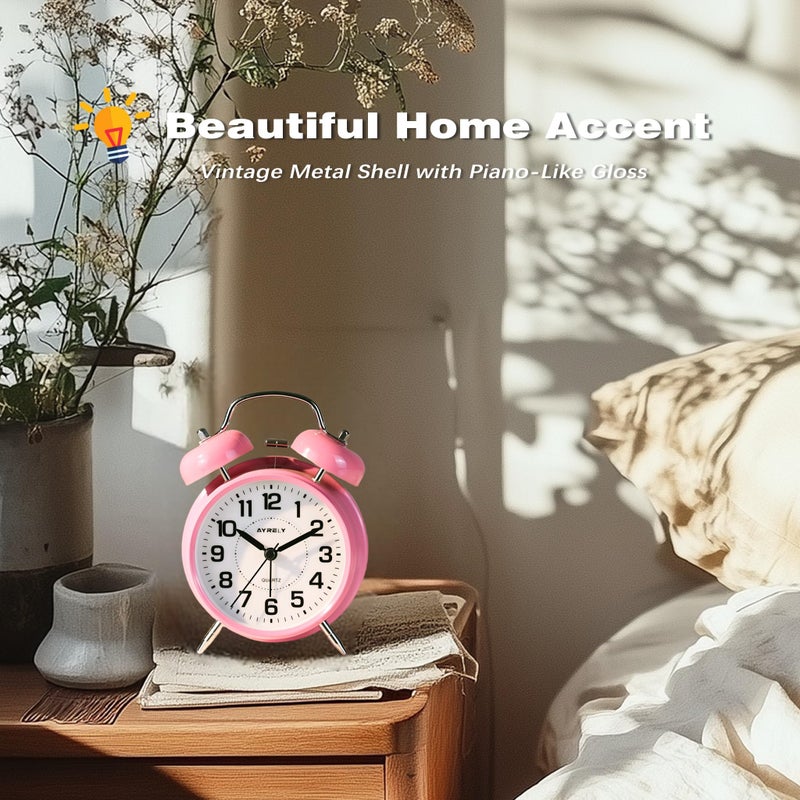 AYRELYÂ® Super Loud Twin Bell Alarm Clock for Heavy Sleepers, 4-Inch Silent Non-Ticking Quartz with Backlight, Metal Cute Clock for Kids' Rooms (Pink) - Image 4